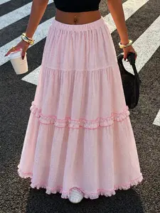 2026 Summer New Cake Sweet Girl Gentle Polka Dot Ruffle High Waist Elastic Midi Skirt, Elegant Loose-Fitting All over Print