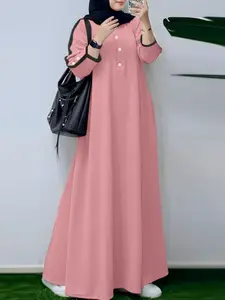 Women's Casual Solid Color Dress, Round Neck Long Sleeve Contrast Binding Half Button Design, Fitted Plain Style for All Seasons, For Muslim, Modest Islamic Clothing, Modest Muslim Outfits, Modest Style Dress, Hijabi Cute Dresses