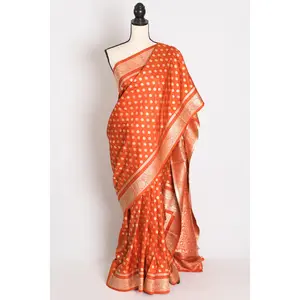 Kamala : Orange and Gold Semi Mashru Banarasi Saree | Size 40 Stitched Blouse