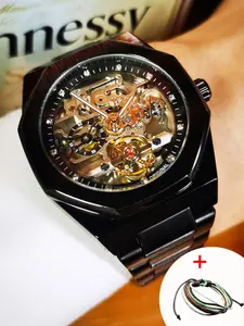 1pc Fashion Tourbillon Skeleton Automatic Mechanical Watch for Men Luminous Hands Top Brand Stainless Steel Strap Business Casual Mens Watches Luxury Wristwatches Gifts