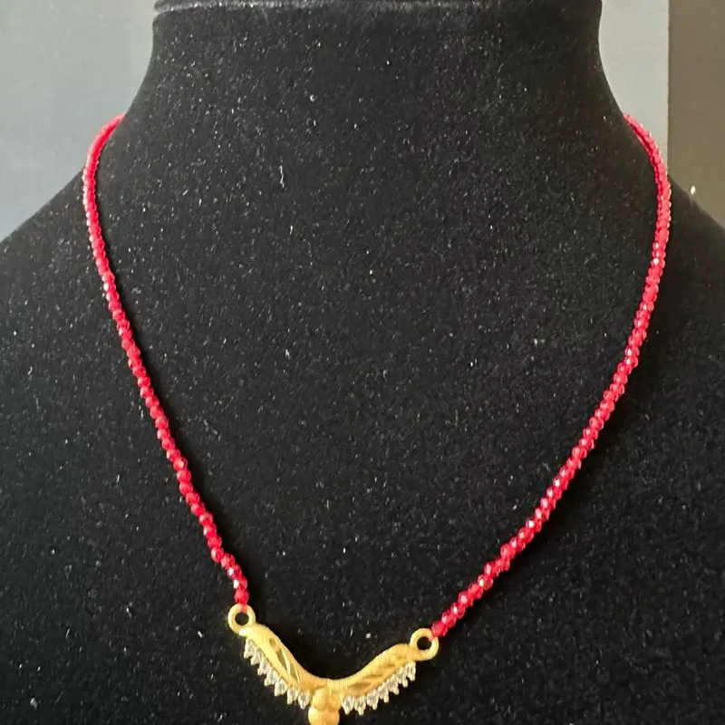 Mini mangalsutra, red beaded mangalsutra with rhinestones filled charm