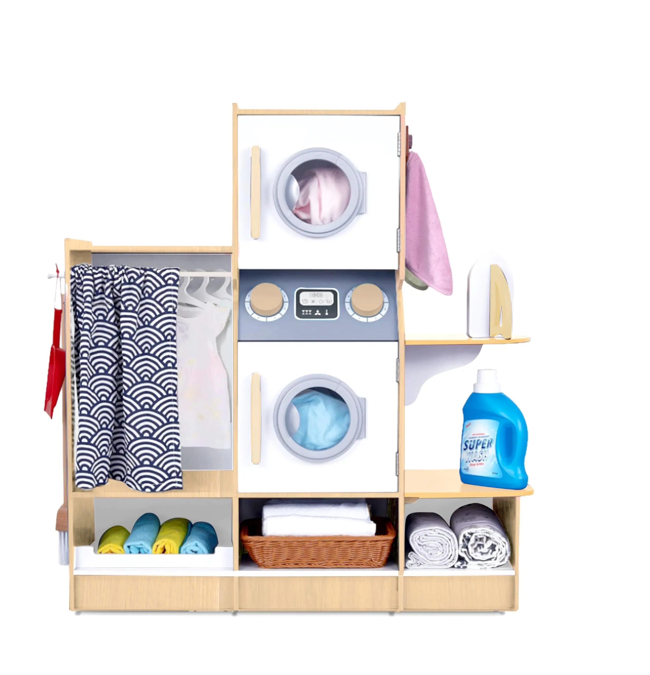 Lil’ Jumbl Kids Washer and Dryer Playset, Wooden Children's Pretend Laundry Set, Includes Broom, Dustpan, Iron, Hangers & Basket, Realistic Laundry Room for Kids - Natural