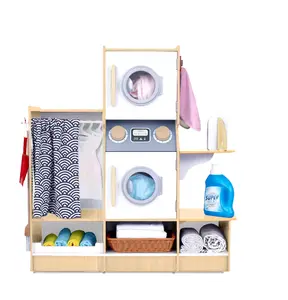 Lil’ Jumbl Kids Washer and Dryer Playset, Wooden Children's Pretend Laundry Set, Includes Broom, Dustpan, Iron, Hangers & Basket, Realistic Laundry Room for Kids - Natural