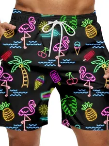 Men's Tropical Party Quick-Dry Shorts, Neon Flamingo & Pineapple Pattern, Adjustable Drawstring Waist, Pocket Design, Ideal for Surfing, Pool, Vacation