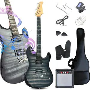39" Full Size ST Style Electric Guitar Starter Kit with HH Pickup, 20W Portable Amp, Tuner, Gig Bag, Strap & Accessories (Black Flame)