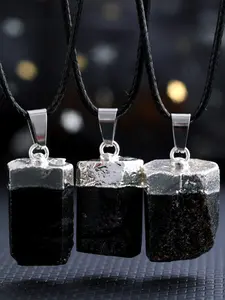 3-Piece Natural Tourmaline Rough Stone Pendant Necklace, Unusual Silver Head Stone Column, Men's and Women's Jewelry