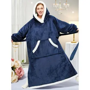 Plush Flannel Hoodie Blanket Robe, Oversized Casual Long Sleeve Sleepwear with Large Pocket, Warm Winter Loungewear for Men & Women