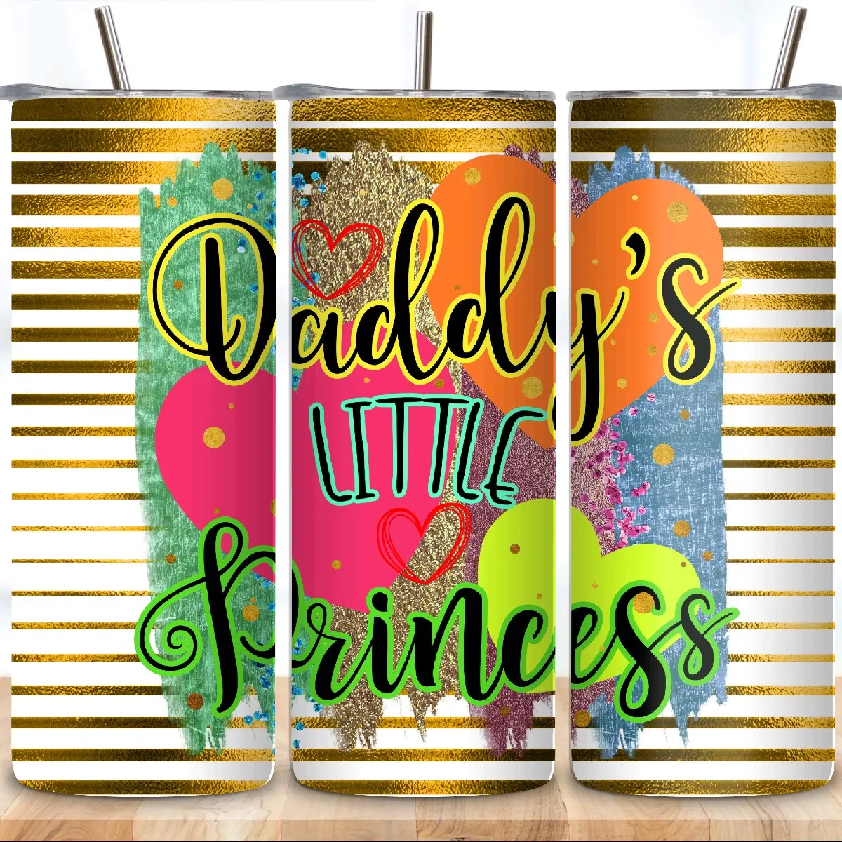 Daddy's Little Princess Tumbler with colorful hearts