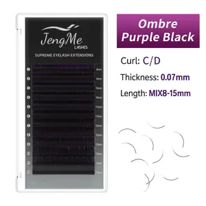 JengMe Ombre Purple & Black Cashmere Lash Extensions C/D Curl 0.07mm Mixed 8–15mm Soft Volume Color Lashes for Professionals & DIY Makeup Eyelashes Cosmetic lashes extension wispylashclusters