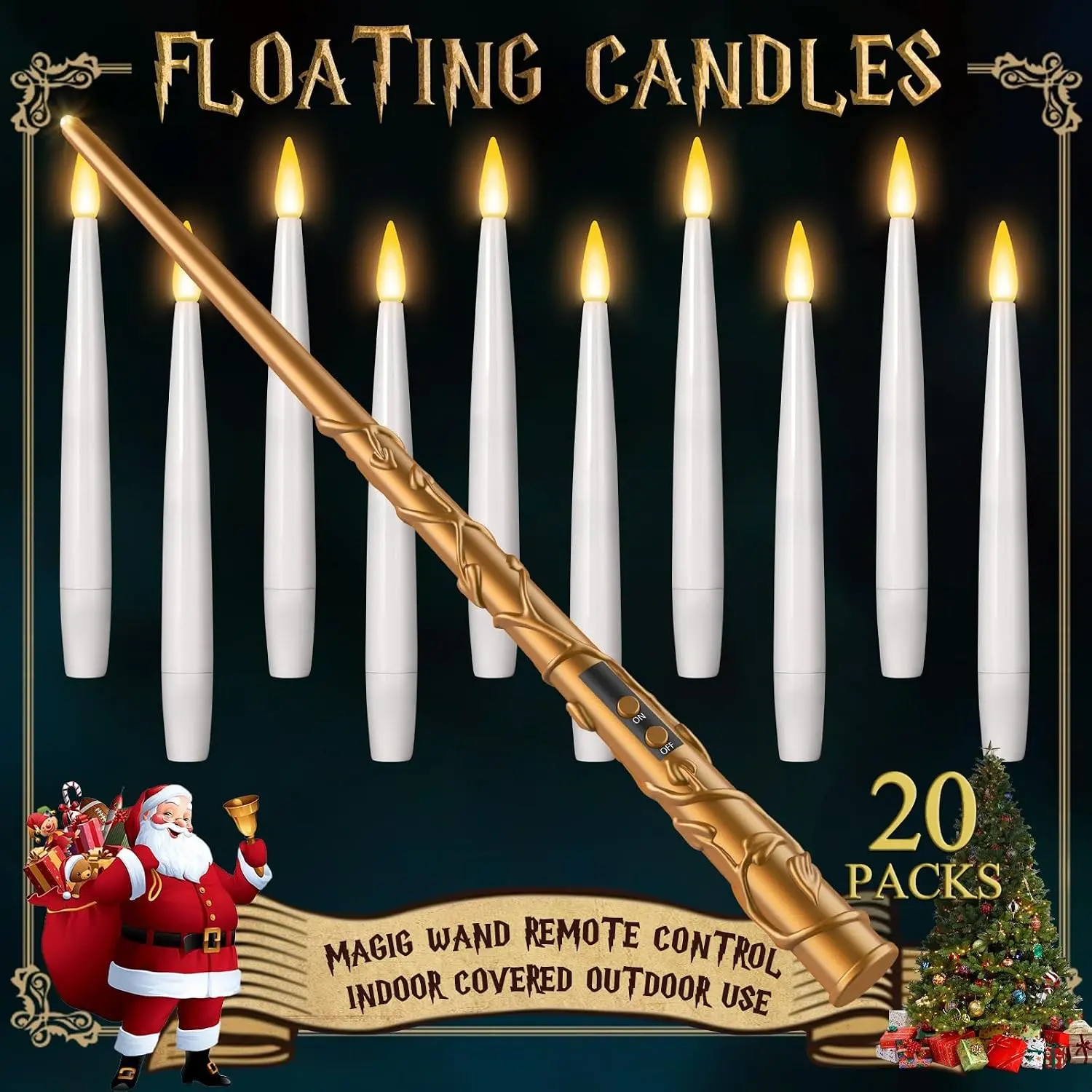 Floating Candles with Wand - Christmas Magic Hanging Flameless Candles Taper Candles with Remote for Halloween Window Home Bedroom Birthday Party Decorations (20 PCS White Candles + 1 Golden Wand)