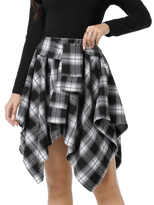 【Plus Size】 Plaid Print Asymmetrical Hem Skirt, Casual Knee Length Skirt for Fall & Winter, Women's Bottoms for Daily Wear