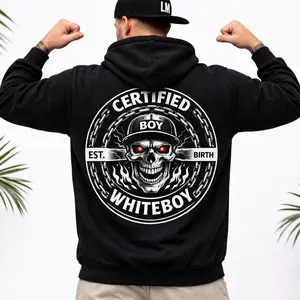 Certified Whiteboy Hoodie EST At Birth Graphic Streetwear, Urban Style Pullover Sweatshirt, Dark Aesthetic Fashion Hoodie Unisex