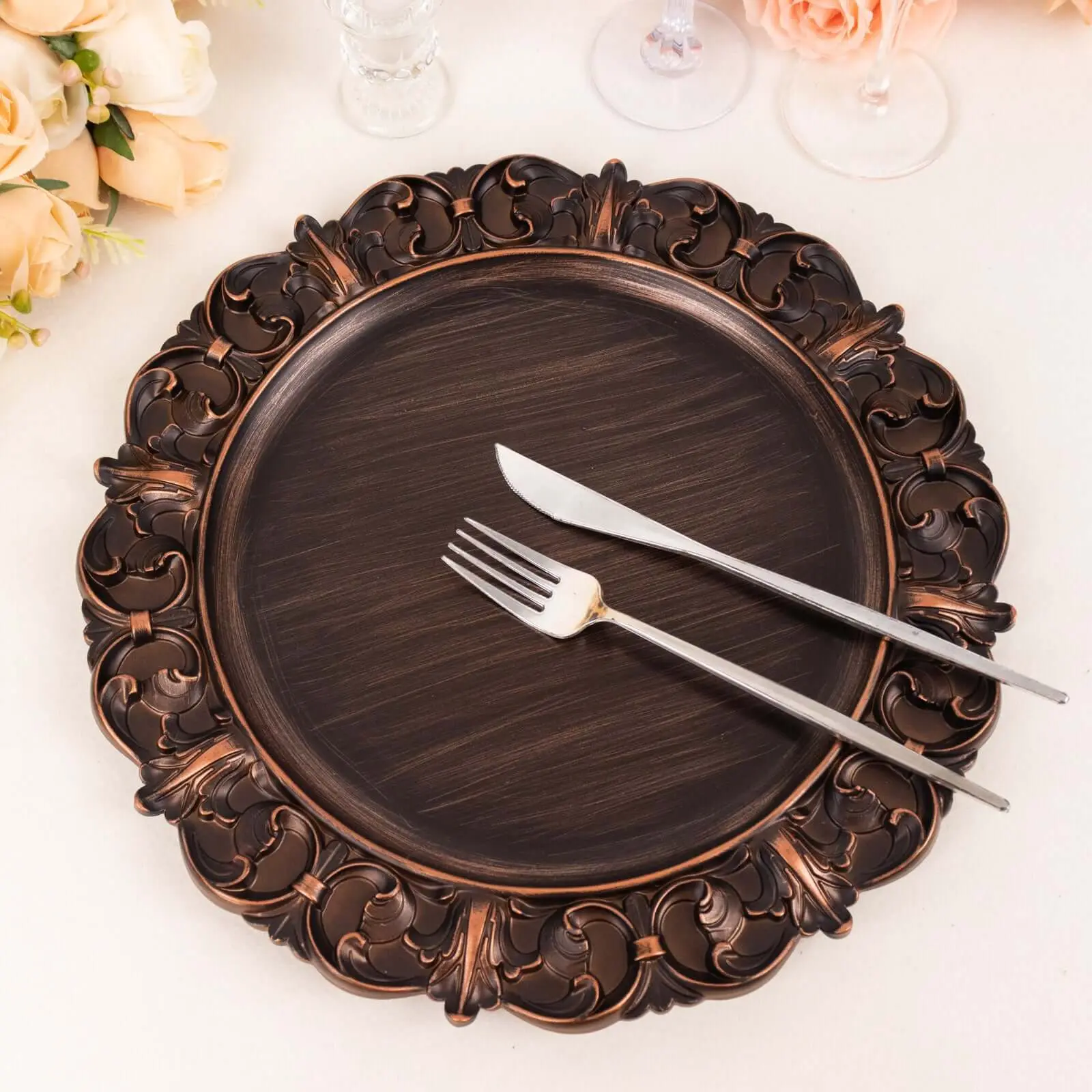 6-Pack Acrylic Charger Plates 13" Round Dark Brown with Aristocrat Retro Baroque Rim - Ornate Plastic Decorative Chargers, Acrylic Plates, Ornate Rim