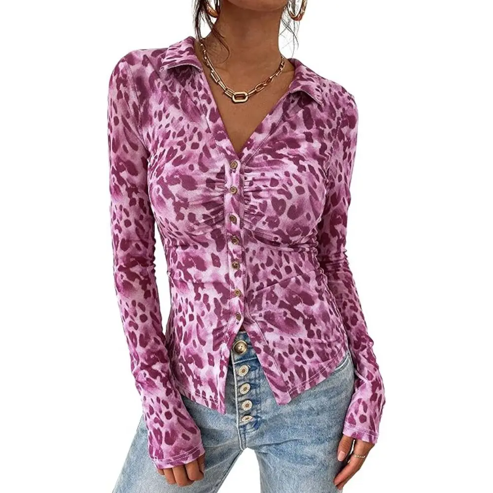 PrettyGarden Women Button Down Floral Shirts With Lining Fall Trendy Long Sleeve V Neck Ruched Mesh Boho Blouse Tops Date Outfits