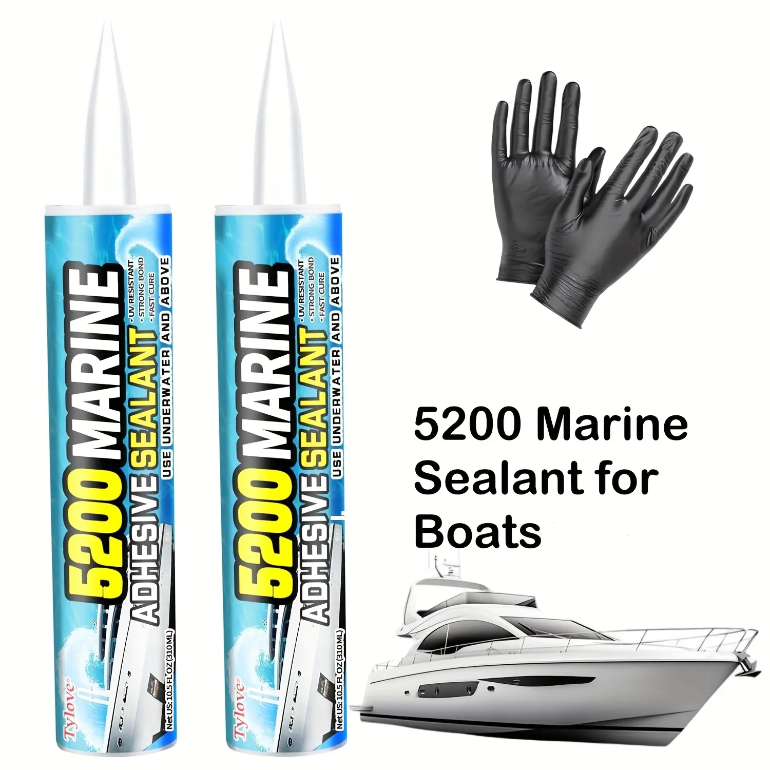 Ultra Strong Marine Adhesive Sealant 5200 Tube (2 Units with Gloves, Nozzle) - 30-Min Fast Waterproof Bonding Seal Sealers, UV-Resistant, Low-Odor, Paintable Cure, No Primer Needed, Bonds Fiberglass, Wood, Metal for Boats