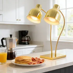 Gold 2-Head Food Warming Lamp 500W 110V US Plug 360° Rotate 50℃ for Restaurant Bakery Cafe Commercial Kitchen Heat Resistant Easy Installation