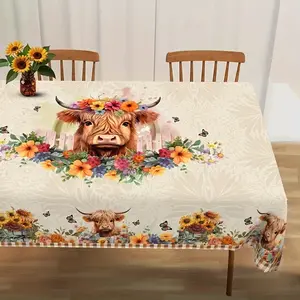 1 piece, Highland cow tablecloth, sunflower and butterfly checkered design, perfect for spring and summer decoration — indoor/outdoor parties, home decor, floral farmhouse style rectangular tablecloth