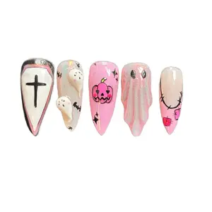 Pink Ghost - Pink Ghost press on nails for Halloween chrome 3D effect