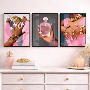 Pink & Gold Glam Wall Art Set, Jewelry Hands Illustration, KAYALI Perfume Poster & Chic Fashion Pose Artwork, Luxury Decor for Bedroom, Closet & Beauty Studio