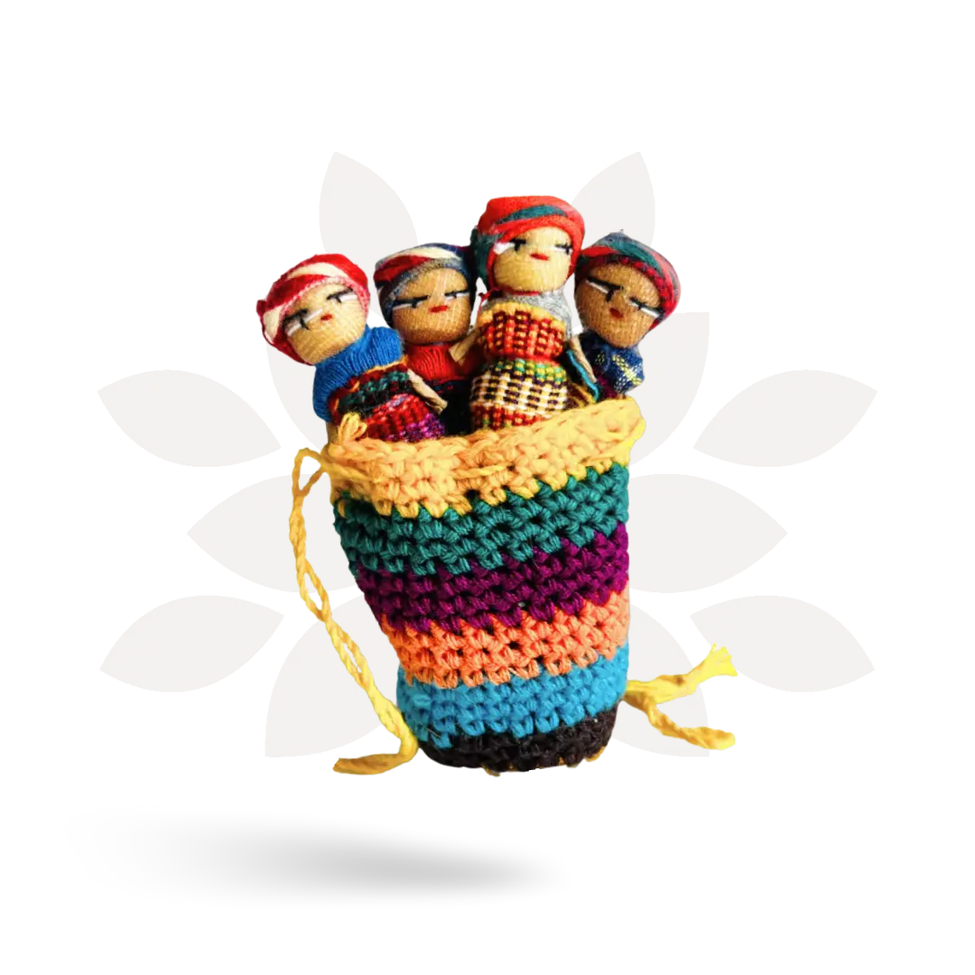 Worry Doll Crochet Pouch with Four 2" Tall Dolls - Handmade in Guatemala, Fair Trade Craftsmanship, Brightly Crocheted Bag