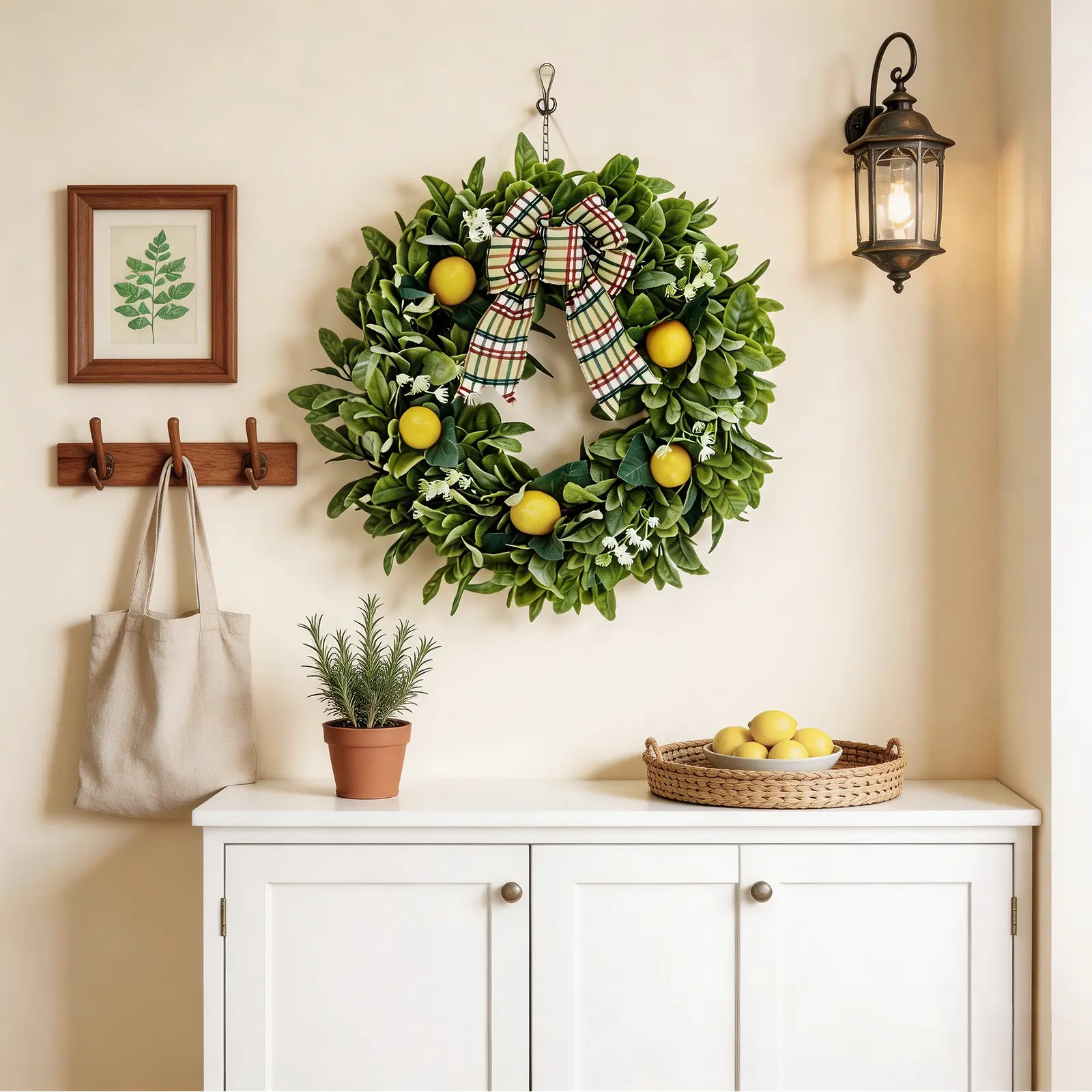 Gaomon 18-in Artificial Summer Greenery Wreath with Buffalo Check Bow - Farmhouse Front Door, Porch Decoration for Home Window, Wall