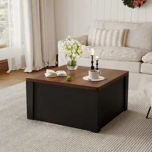 Square Farmhouse Coffee Table with Hidden Compartment, Flip-Top Storage Center Table for Living Room, Rustic Wood Storage Chest & Cocktail Table