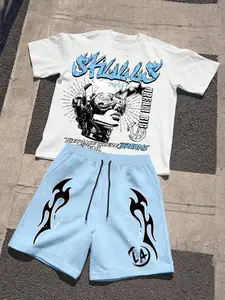 Two-Piece Set Men's Letter Print Tee & Shorts Set, Regular Fit Casual Short Sleeve T-shirt & Track Shorts, Men's Summer Clothes Menswear