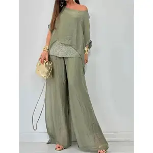 Women’s Fashion Sequined Top and Wide-Leg Pants Set – Casual Dolman-Sleeve Suit with Batwing Sleeves