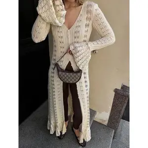 Pure Color Long Style Flare Sleeve Knit Cardigan, Fashion Casual Hollow Out Cover Up, Fitted Moderate Fabric, All Seasons Wear