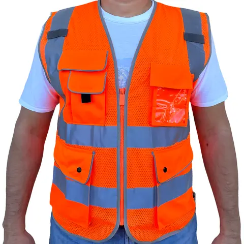 Orange Mesh High Visibility Safety Vest, ANSI/ ISEA 107-2020 With 5 Pockets