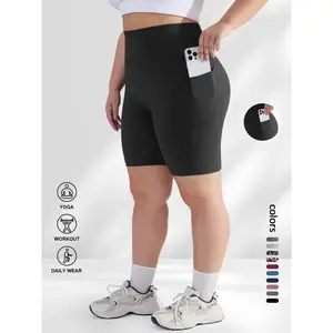 【Plus Size】 Plain / Leopard Print Pocket Skinny Shorts, Casual Comfy Breathable High Waist Short Leggings for Daily Wear, Women's Bottoms for All Seasons, Athletic Wear Shorts, Skinny Workout ShortsGift