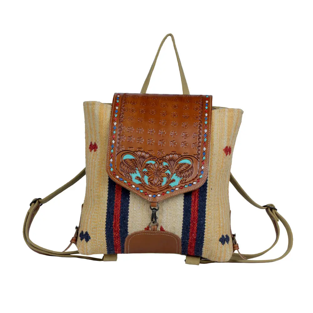 Women's Western Bohemian Backpack, 15" W Hand-Tooled Genuine Leather & Recycled Rug, Multi-Compartment Everyday Bag for Cowgirls with Zipper, Bagpack Travel, Adventurous Use