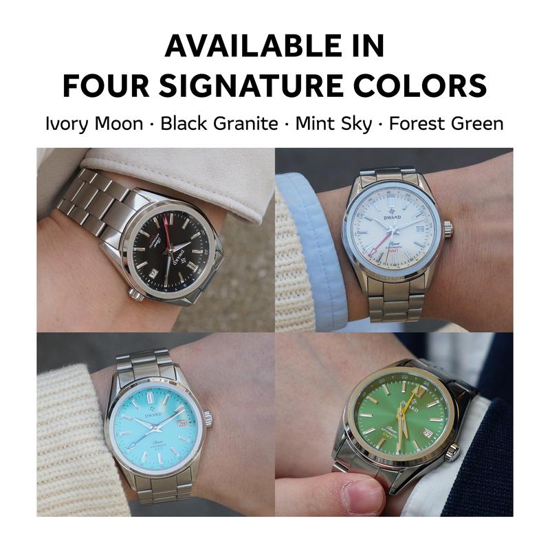 DWARD GMT Rover Automatic Watch with Dual Time Zone Function – Sapphire Crystal, 316L Stainless Steel (Black Granite)