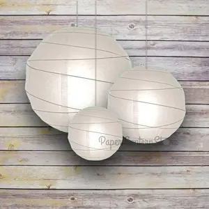 8/12/16" White Round Paper Lanterns, Irregular Ribbing (3-Pack Cluster)