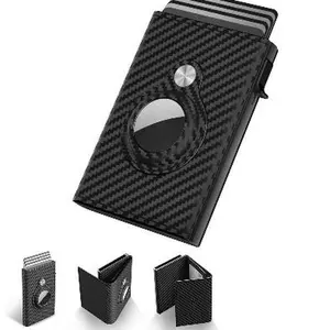 Mens Smart Wallet Card Holder for AirTag: Leather, Compatible with Apple Air Tag, RFID Blocking, Slim, Carbon Fiber, Minimalist - 9-14 Card Capacity | ID Window | Cash Slot (Black)`