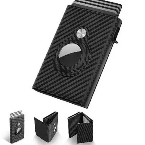 Mens Smart Wallet Card Holder for AirTag: Leather, Compatible with Apple Air Tag, RFID Blocking, Slim, Carbon Fiber, Minimalist - 9-14 Card Capacity | ID Window | Cash Slot (Black)`