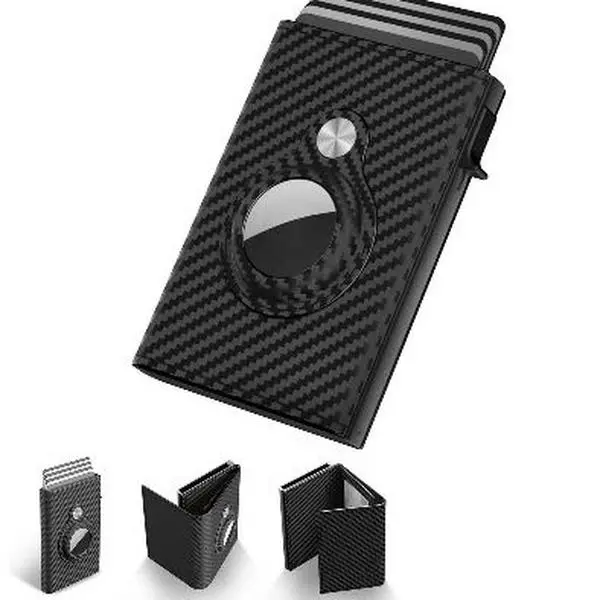Mens Smart Wallet Card Holder for AirTag: Leather, Compatible with Apple Air Tag, RFID Blocking, Slim, Carbon Fiber, Minimalist - 9-14 Card Capacity | ID Window | Cash Slot (Black)`