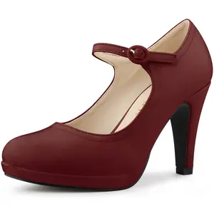 BLISSFUL STEP Platform Mary Jane Shoes Ankle Strap Chunky Heel Sandals Pumps Burgundy