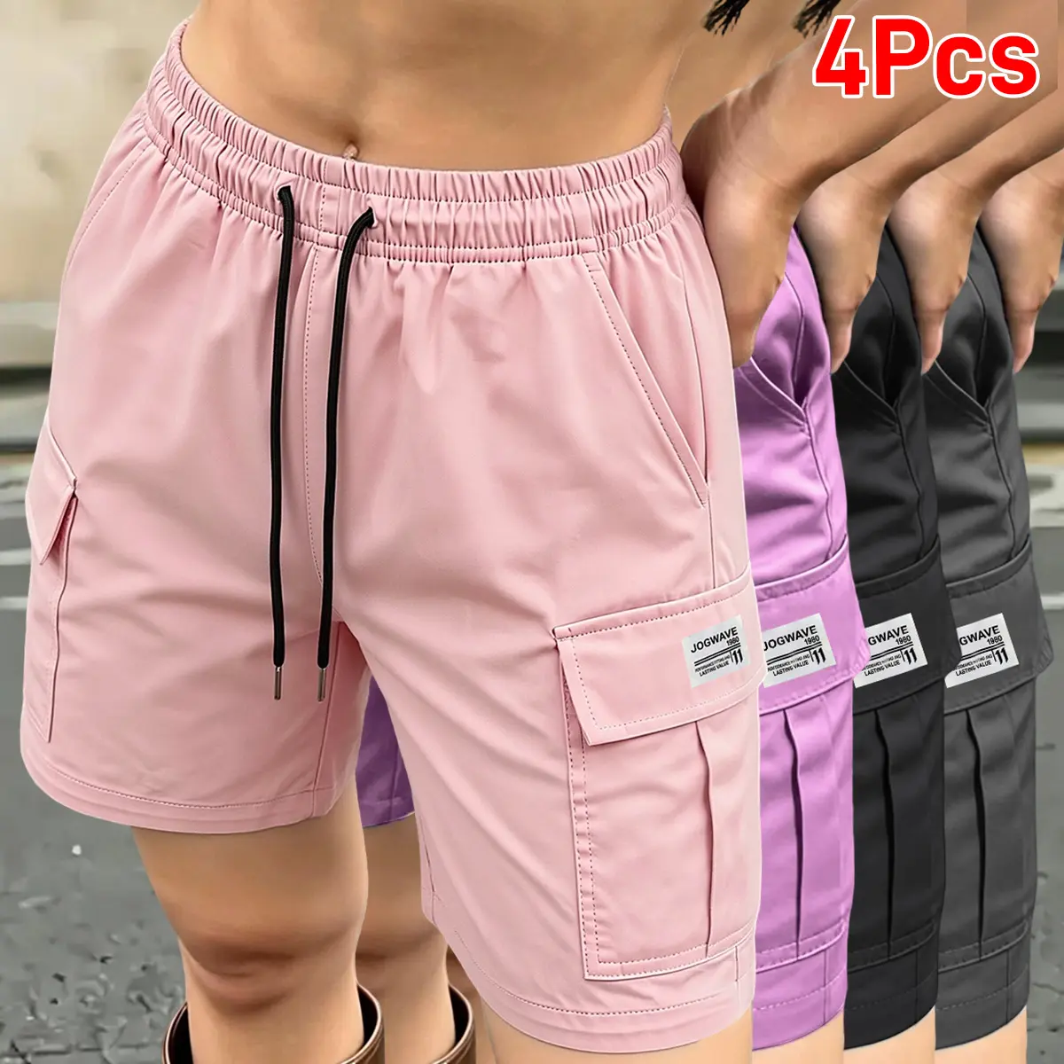 Women’s 4-piece summer solid-color casual cargo pants set featuring a drawstring waist and large pockets—versatile long pants suitable for outdoor travel, light exercise, and stylish everyday streetwear. outfit