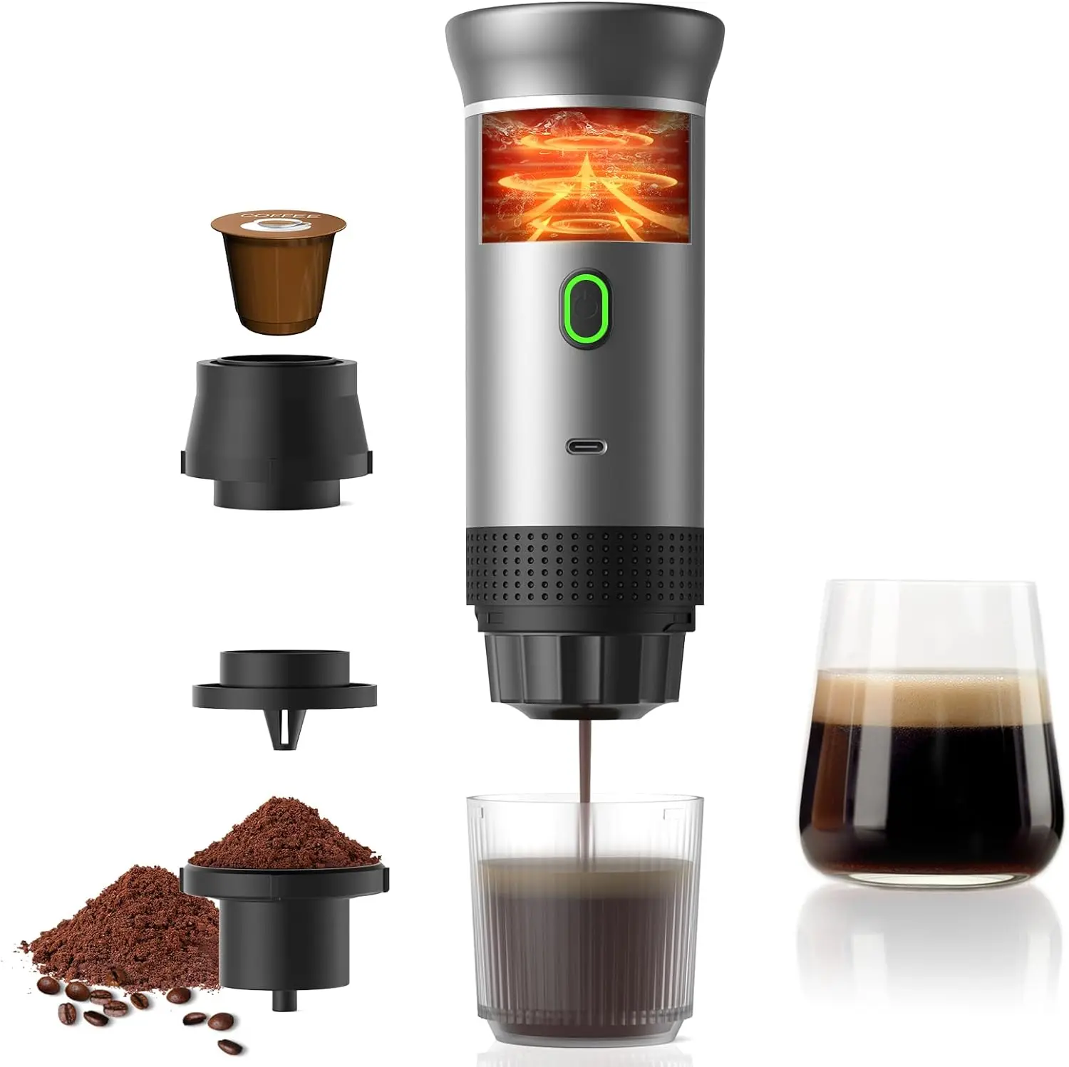 Portable Coffee Maker Espresso Machine, Travel Espresso Maker, Cafetera Portatil Expreso with Small Tea Cup, Compatible with Ground Coffee & NS Capsule for RV,Car, Hiking, Camping Office