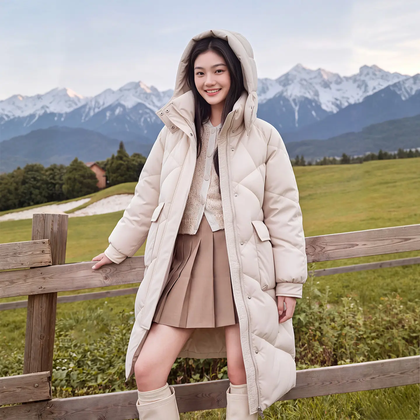 Women's Basic Everyday Style Polyester-Down Hooded Mid-Length Coat - 1-Piece Casual Fit, Long Sleeves, Autumn-Winter Essential Outerwear, Tops for Women