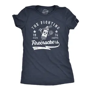 Womens The Fighting Firecrackers T Shirt Funny Fourth Of July Party Baseball Team Tee for Ladies Funny Womens T Shirts Cute Vintage Fashion Casual Ladies T-Shirt Gift Patriotic Tops for Women Funny Baseball Top Navy -