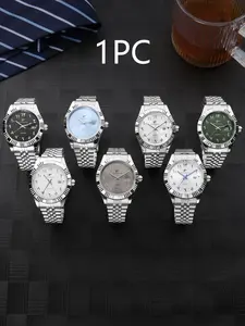 RICECGO Men's Quartz Watch Steel bracelet with distinctive engraved accents for textured appeal Quartz movement with date window The perfect choice for business elegance Stainless Steel Watches