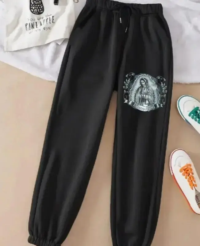 Vintage Silver Virgen Mary Graphic Unisex Sweatpants – Blessed Mother Cotton Joggers, Perfect Outdoor Outfit, Casual Streetwear Pants for Men and Women, Cotton Graphic Casual Sweatpants