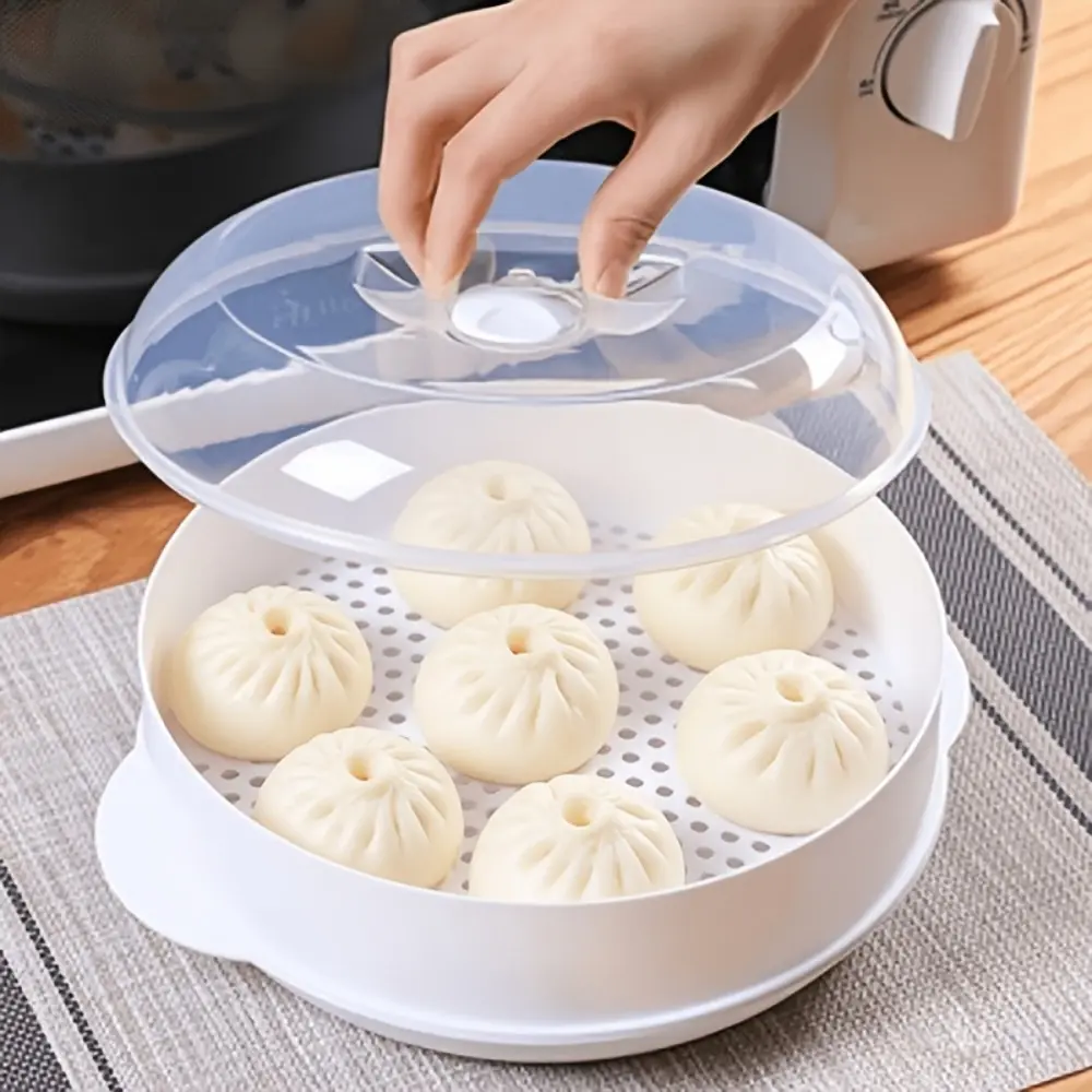 1pc Plastic Microwave Steaming Box with Breathable Cover - Reusable Multi-Function Camping Picnic Kitchen Container for Steaming Dumplings, Vegetables, Quick Home Breakfast (Outdoor Tableware Mess Kit)