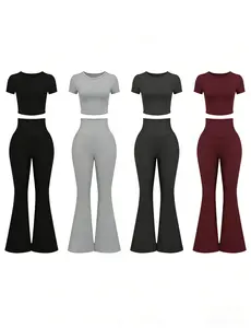 Women's 2 Piece Outfit, High Waist Flare Leggings + Crop Top Set, Casual Yoga Workout Tracksuit