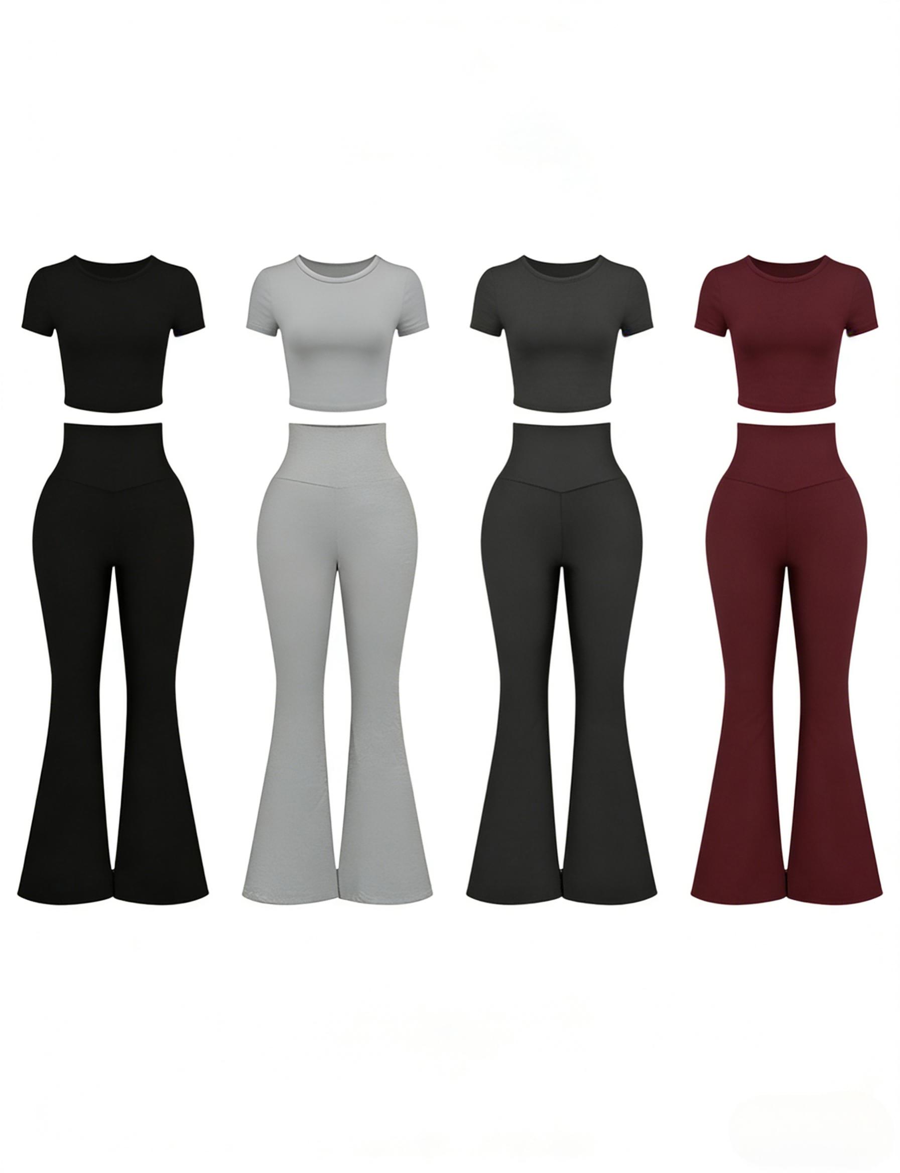Women's 2 Piece Outfit, High Waist Flare Leggings + Crop Top Set, Casual Yoga Workout Tracksuit