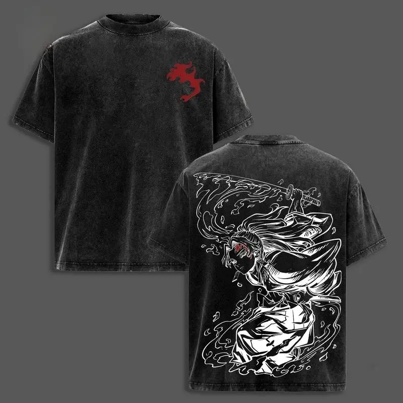 Men's Anime Graphic T-Shirt in Vintage Distressed Washed Cotton with Yoriichi Figure Print, Oversized Crew Neck Streetwear, Fitted, L, No