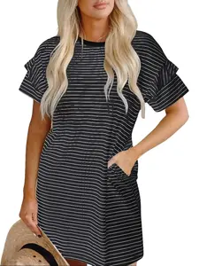 Women's Black Stripe Ruffled Short Sleeve Crew Neck Shift Mini Dress - 95% Polyester 5% Elastane Casual Short Sleeve Dress outdoorfun
