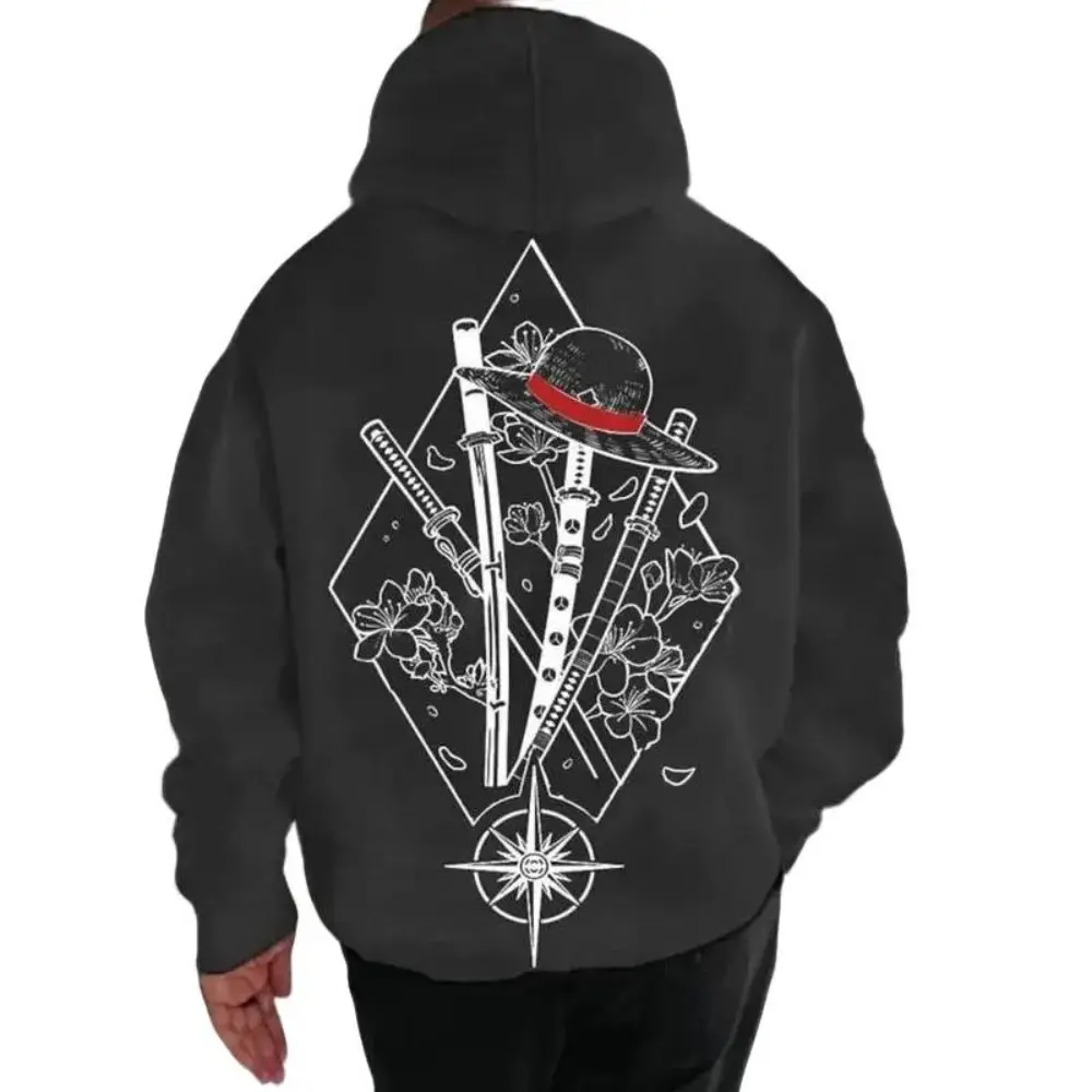 Unisex Pullover Hoodie with Straw Hat Anime Graphic, Cotton-Polyester Blend Casual Menswear Apparel for Sports, Fitted, Do Not Dry Clean, Line Dry, Tops, Graphic Print, All Seasons